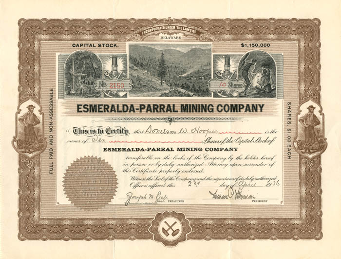 Esmeralda-Parral Mining Co. - Stock Certificate